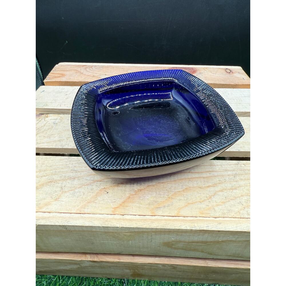 Mid-Century Cobalt Blue Art Glass 5x5 Square Bowl-Ribbed Sunburst Rim